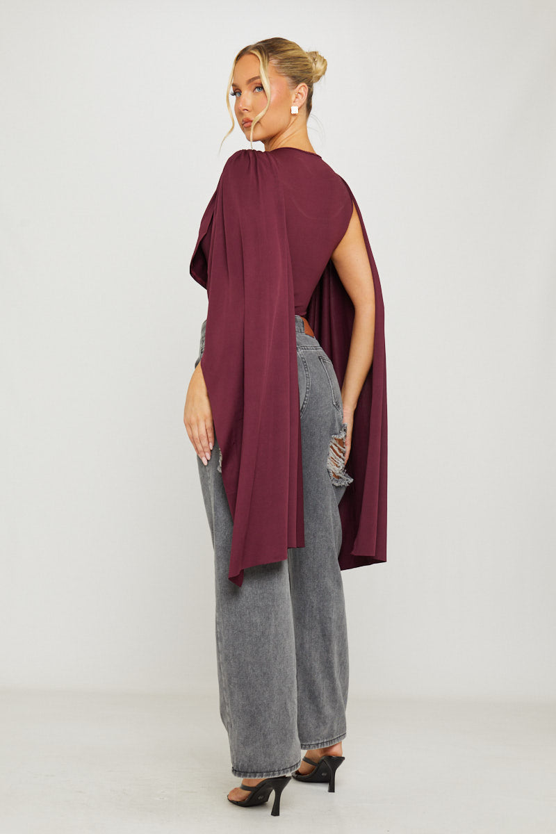 Burgundy Shoulder Draped Ruched Bodysuit