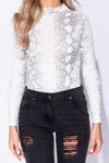 White Snake Print High Neck Long Sleeve Bodysuit