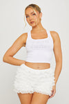 White Ribbed Slogan Embellished Racer Vest Top