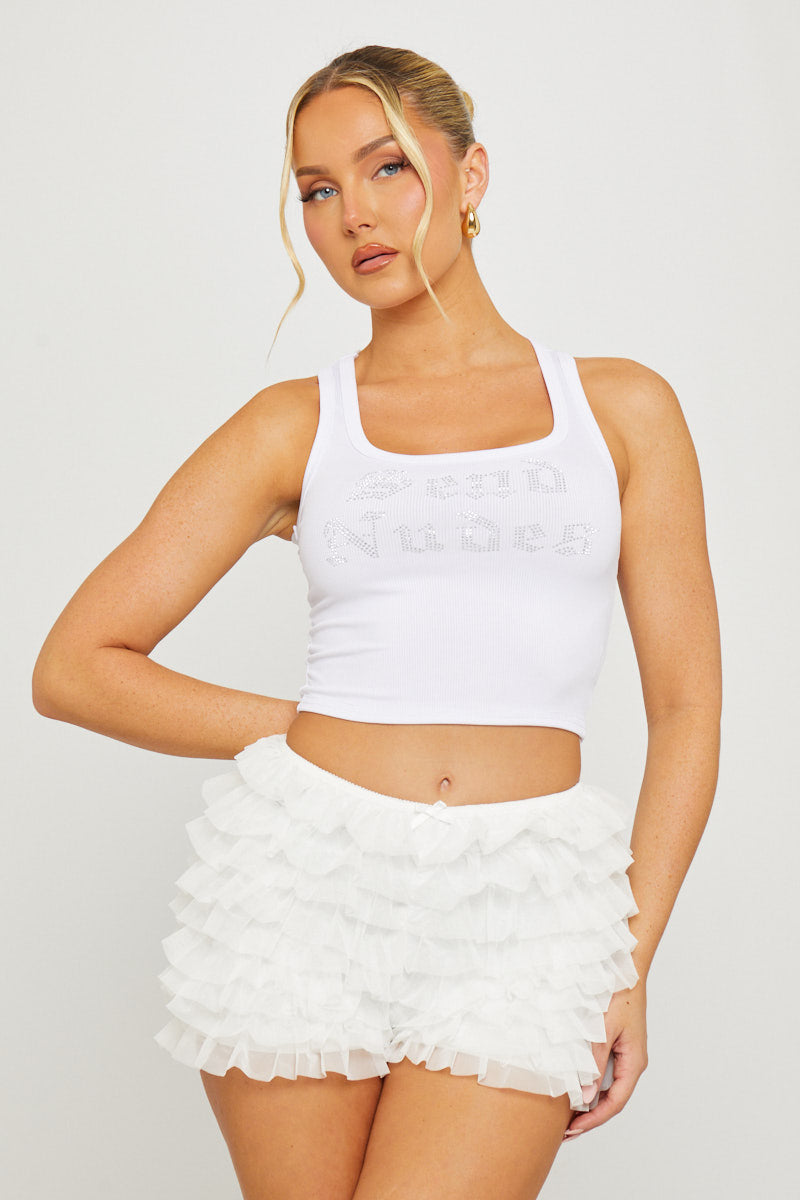 White Ribbed Slogan Embellished Racer Vest Top