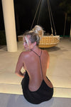 Black Sheer Striped Knit Backless Maxi Dress