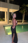 Black Sheer Striped Knit Backless Maxi Dress