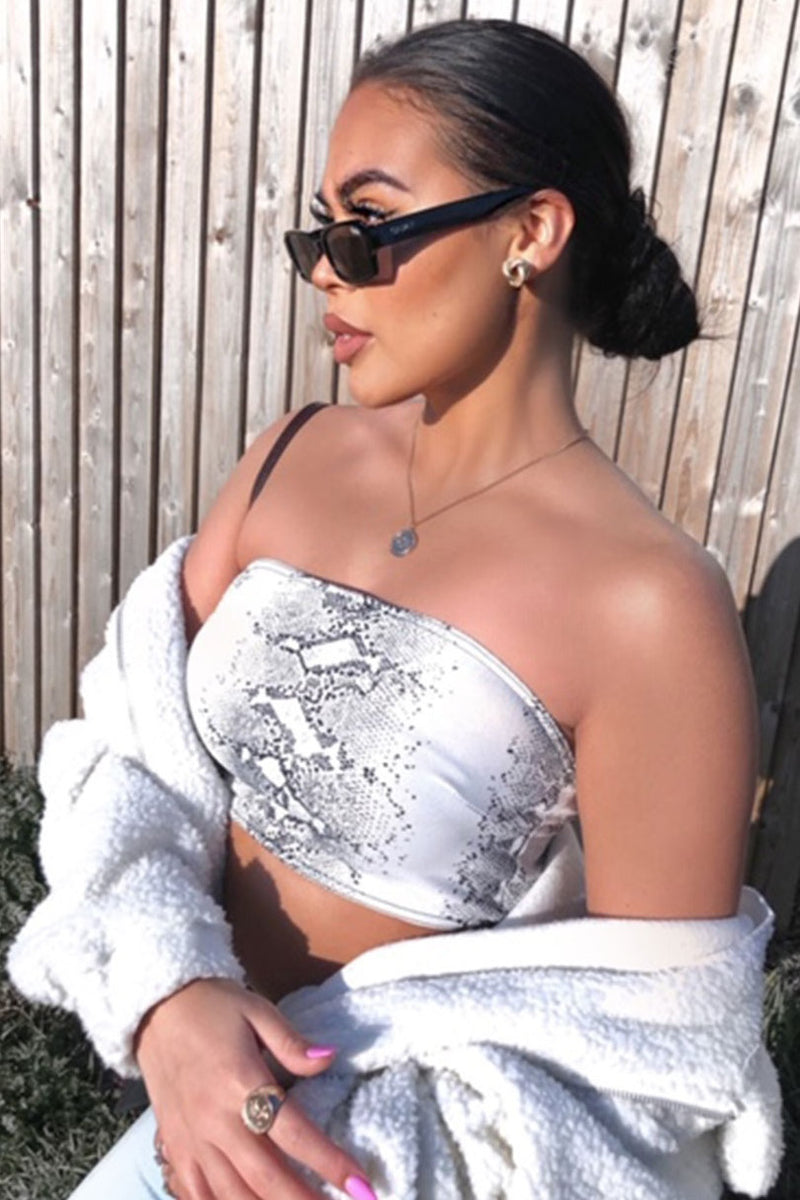 White Snake Print Bandeau Crop Top