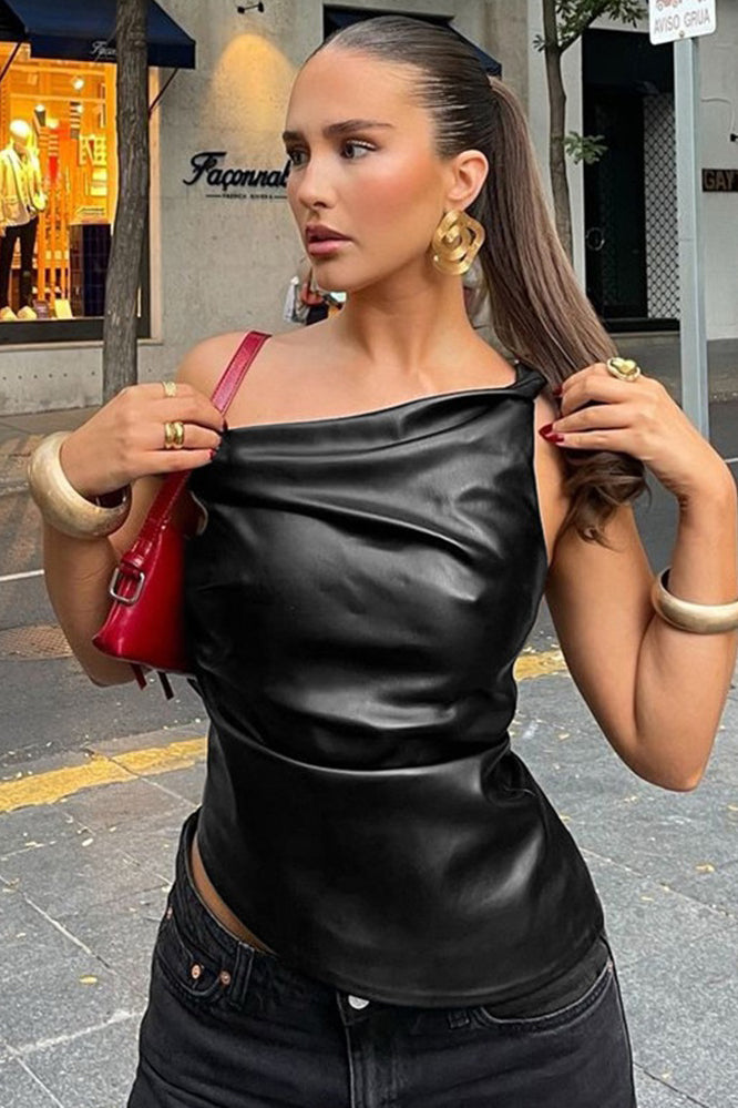 Black Faux Leather One Shoulder Asymmetric Top