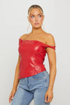 Red Faux Leather One Shoulder Asymmetric Top