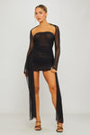 Black Ruched Mesh Double Layered Draped Mini Dress