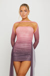 Purple Ruched Mesh Double Layered Draped Mini Dress