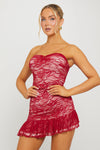 Burgundy Lace Strapless Asymmetric Mini Dress