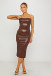Brown Faux Leather Strapless Bodycon Midi Dress