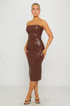 Brown Faux Leather Strapless Bodycon Midi Dress