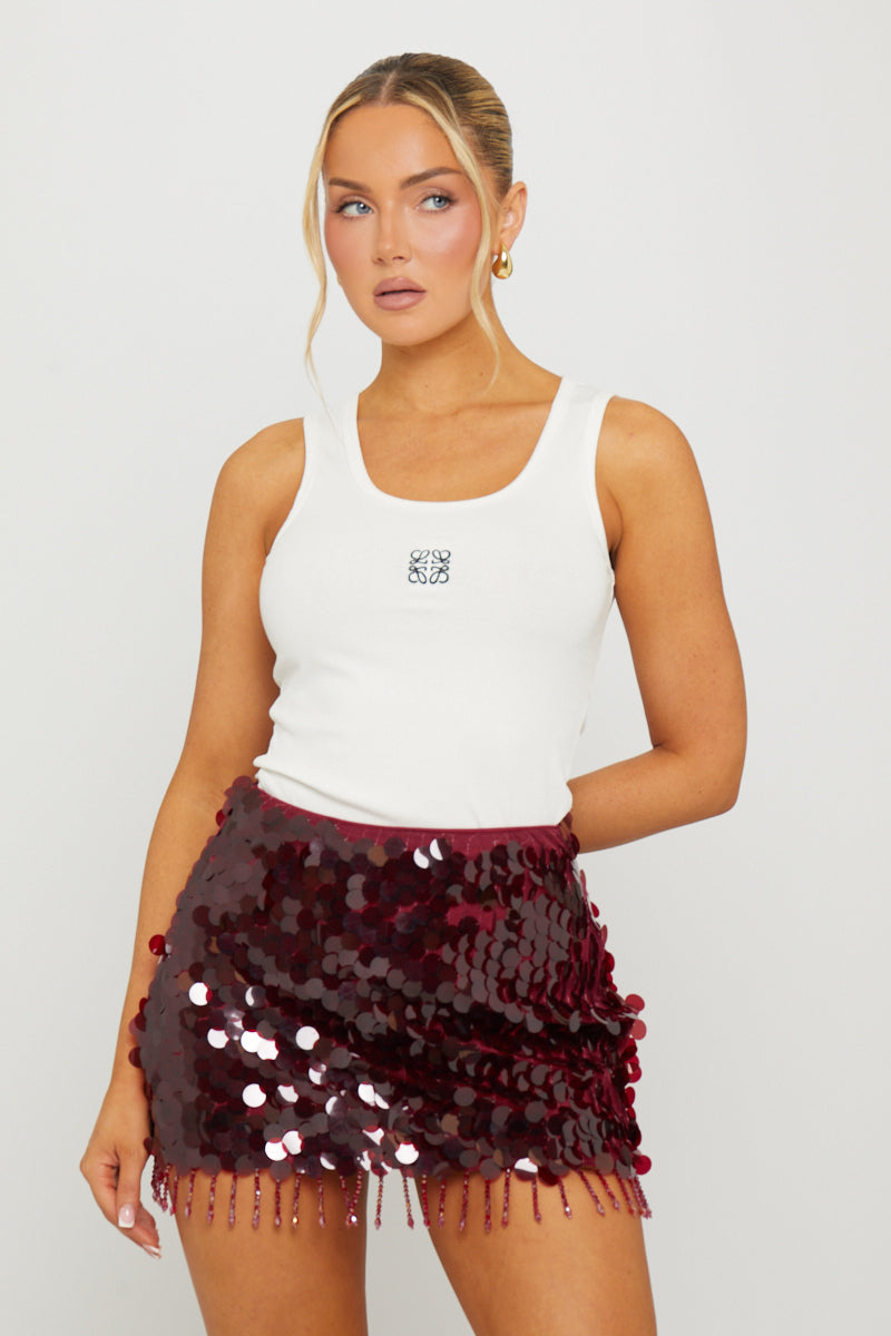 Wine Sequin Tassel Detail Bodycon Mini Skirt