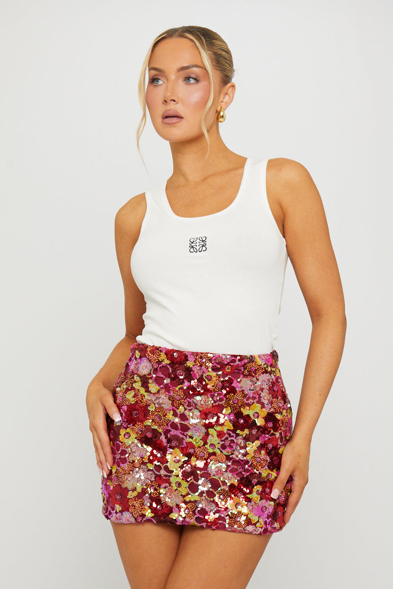 Red Floral Sequin Detail Bodycon Mini Skirt