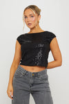 Black Sequin Detail Cap Sleeve Backless Crop Top
