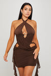 Brown Halter Neck Cut Out Open Back Mini Dress