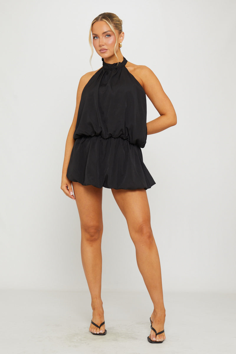 Black High Neck Open Back Puff Ball Mini Dress