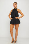 Black High Neck Open Back Puff Ball Mini Dress