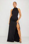 Black High Neck Draped Thigh Split Maxi Dress