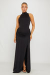 Black High Neck Draped Thigh Split Maxi Dress