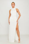 White High Neck Draped Thigh Split Maxi Dress