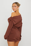 Brown One Shoulder Draped Long Sleeve Mini Dress