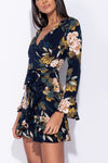 Navy Floral Wrap Front Frill Sleeve Tie Mini Dress