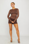 Brown Ruched Lace Long Sleeve Mini Dress