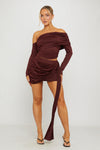 Brown One Shoulder Top & Draped Mini Skirt Co-Ord