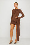 Brown Draped Long Sleeve Bodycon Mini Dress