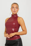 Burgundy Faux Leather High Neck Sleeveless Top
