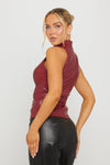 Burgundy Faux Leather High Neck Sleeveless Top
