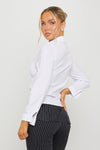 White Cinched Waist Button Up Long Sleeve Shirt