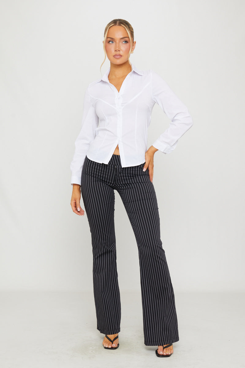 White Cinched Waist Button Up Long Sleeve Shirt