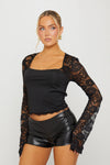 Black Lace Long Sleeve Square Neck Crop Top