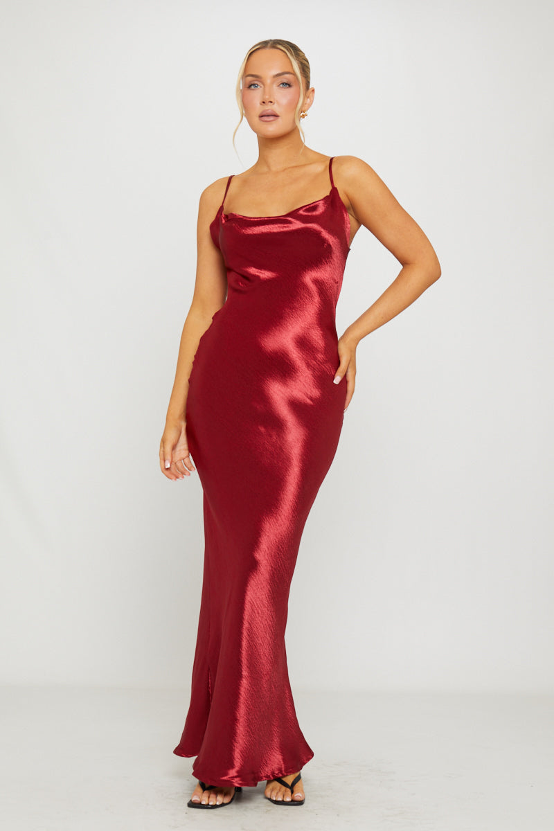 Wine Satin Cowl Neck Slip Maxi Dress