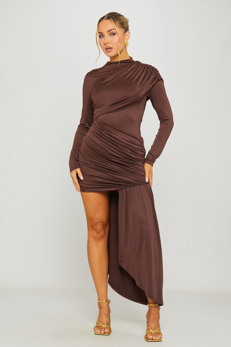 Brown High Neck Long Sleeve Draped Mini Dress