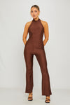 Brown High Neck Open Back Sleeveless Jumpsuit