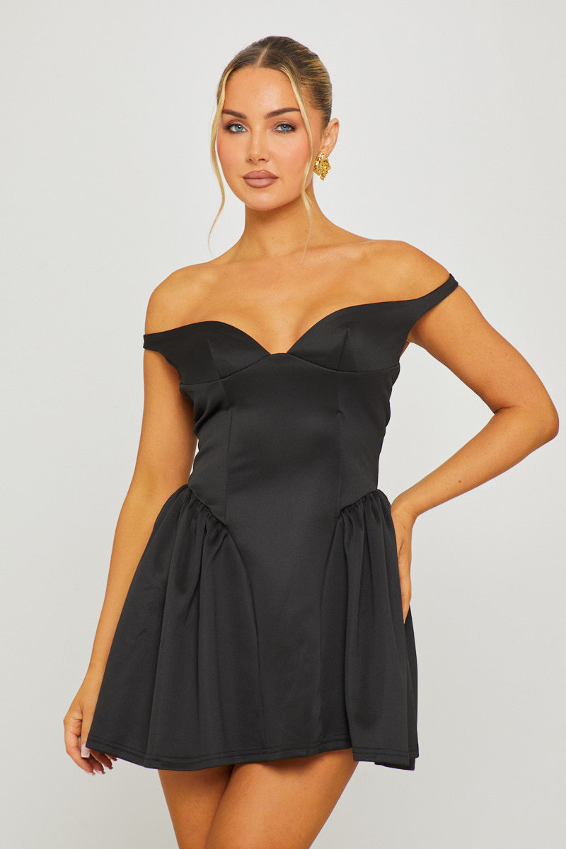 Black Off Shoulder Drop Waist Mini Dress