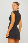 Black Plunge Neck Crepe Cap Sleeve Blazer Dress