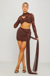 Brown Lace High Neck Crop Top & Draped Mini Skirt Co-Ord