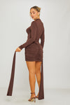 Brown High Neck Long Sleeve Draped Mini Dress