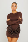 Brown Slash Neck Drape Waist Long Sleeve Mini Dress