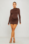 Brown Long Sleeve Drape Waist Bodycon Mini Dress