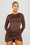 Brown Twist Front Long Sleeve Bodycon Mini Dress