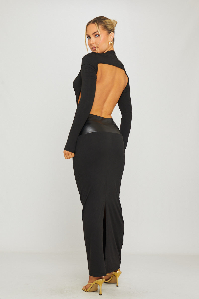 Black Plunge Neck Leather Waist Detail Maxi Dress