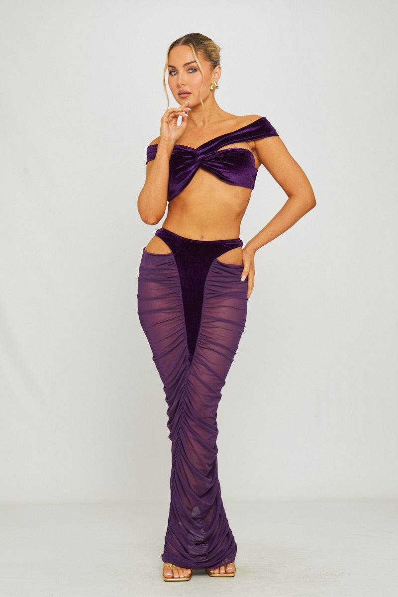 Purple Velvet Cut Out Top & Sheer Maxi Skirt Co-Ord