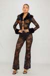 Black Faux Fur Trim Lace Cardigan & Flared Trousers Co-Ord