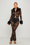 Black Faux Fur Trim Lace Cardigan & Flared Trousers Co-Ord