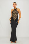 Black Lace Halterneck Open Back Maxi Dress