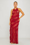 Wine Lace Halter Ruffle Trim Open Back Maxi Dress