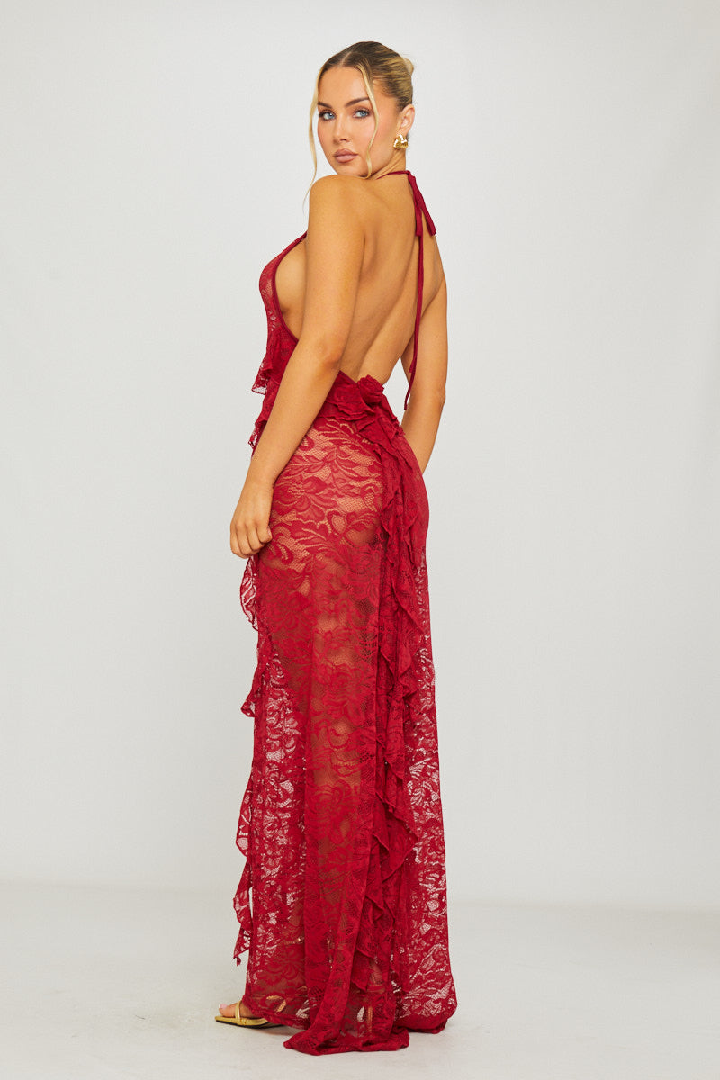 Wine Lace Halter Ruffle Trim Open Back Maxi Dress